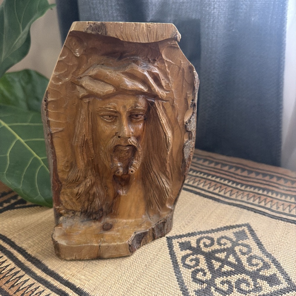 Hand Carved Jesus Bust Statue Crown Thorns Mid Century Modern 7.5 x 5.5"